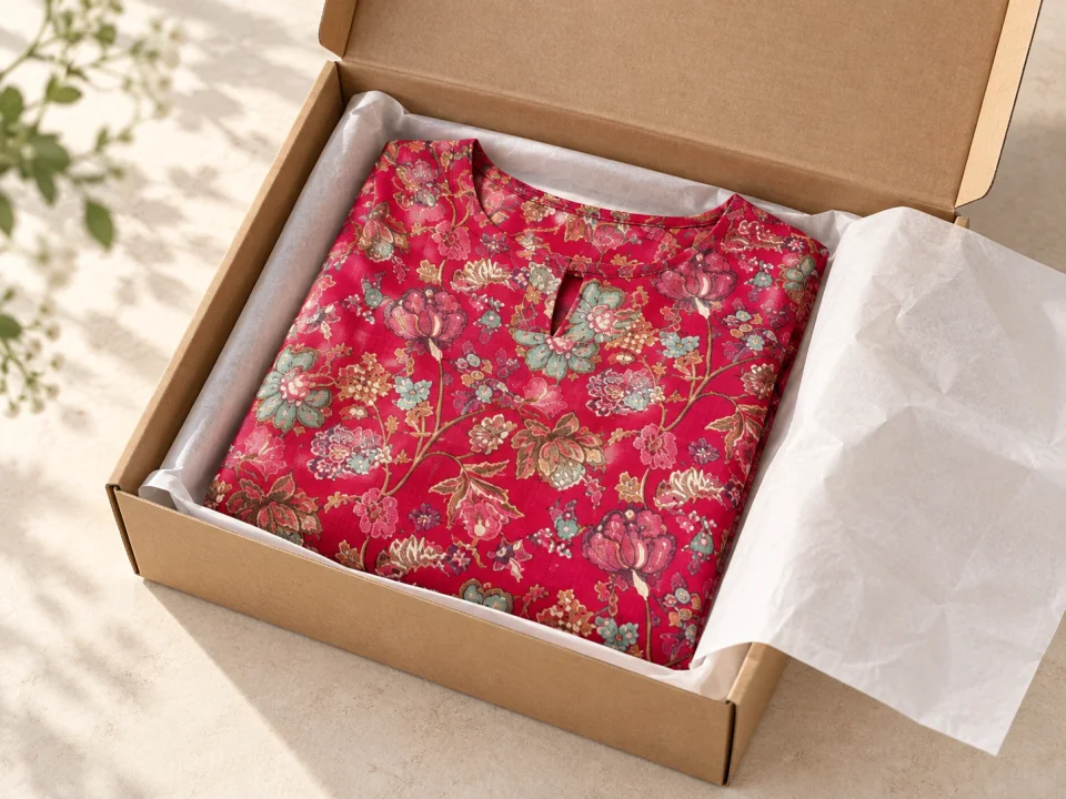 AI-generated floral kurta packed for delivery